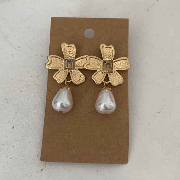 Gold Flower Pearl Drop Earrings - Picture 2 of 4